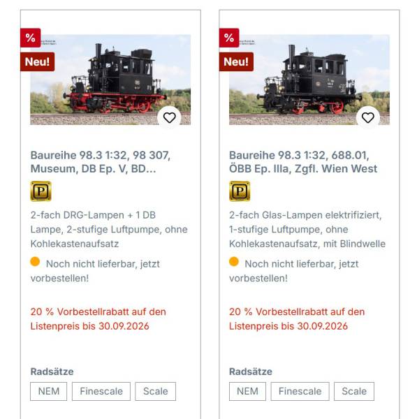 KM1 Spur 1 Baureihe 98.3 1:32 Dampflok 2. Serie verschiedene Varianten zur Auswahl NEM Räder Vorbestellpreis bis 30.09.2026 BR98.3