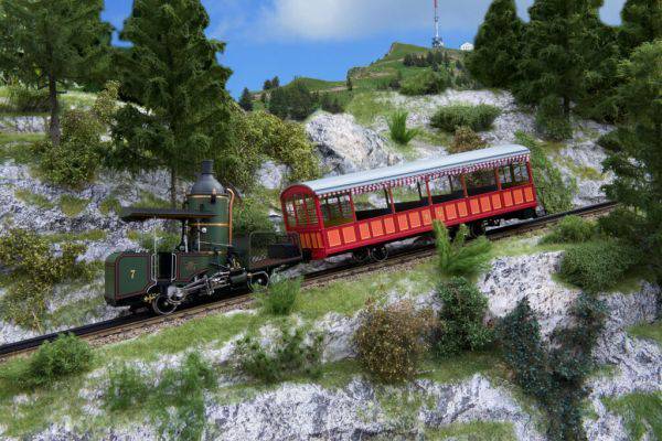 Preview: Kiss Spur 1 Dampflok Rigi 7 Dampf-Zahnradzug mit Lok H 1/2 Nr. 7 und Vorstellwagen Nr. 2