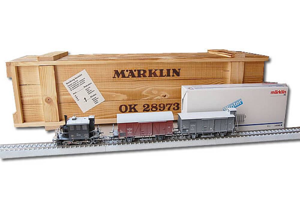 Märklin H0 28973 Glaskasten verschneit Dampflok Waggon Kauffert neu Holzkiste