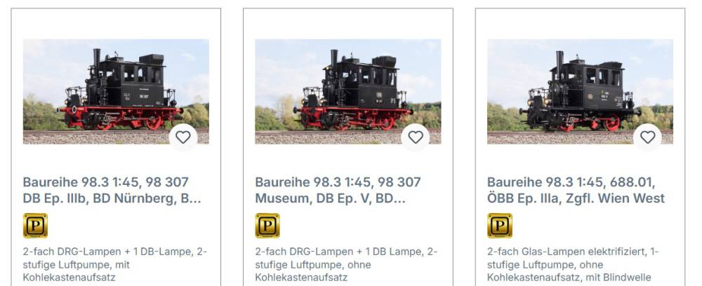 KM1 Spur 1 Baureihe 98.3 1:32 Dampflok 2. Serie verschiedene Varianten zur Auswahl NEM Räder Vorbestellpreis bis 30.09.2026 BR98.3