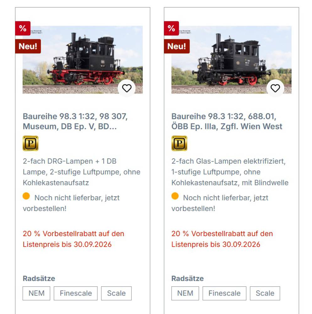 KM1 Spur 1 Baureihe 98.3 1:32 Dampflok 2. Serie verschiedene Varianten zur Auswahl NEM Räder Vorbestellpreis bis 30.09.2026 BR98.3