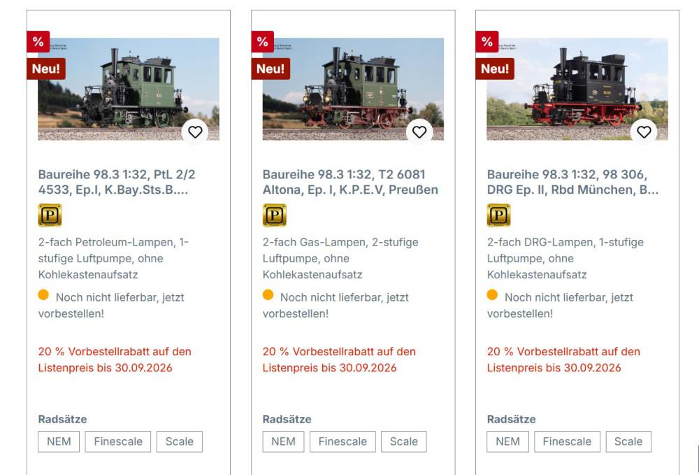 KM1 Spur 1 Baureihe 98.3 1:32 Dampflok 2. Serie verschiedene Varianten zur Auswahl